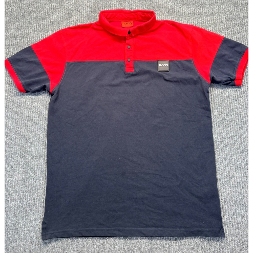 Hugo Boss Mens Colorblock Polo Shirt Red Navy Blue Logo Small